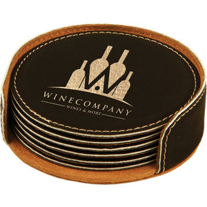 Black/Gold Leatherette Round Coaster Set AIM-1399992