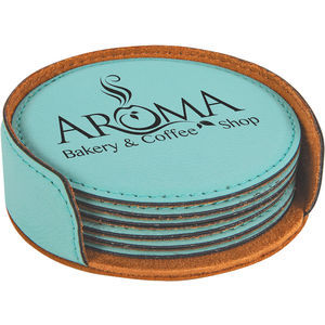 Teal Leatherette Round 6-Coaster Set AIM-1400009