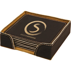 Black/Gold Leatherette Square Coaster Se AIM-1400188